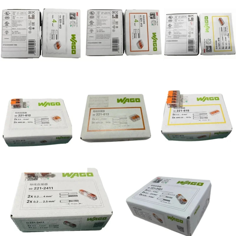 WAGO 221‑412 221‑413 221‑415 221‑612 613 615 221‑2411 2401 Box‑Packed Lever Wire Connector Quick Push‑in Splice Terminal Block