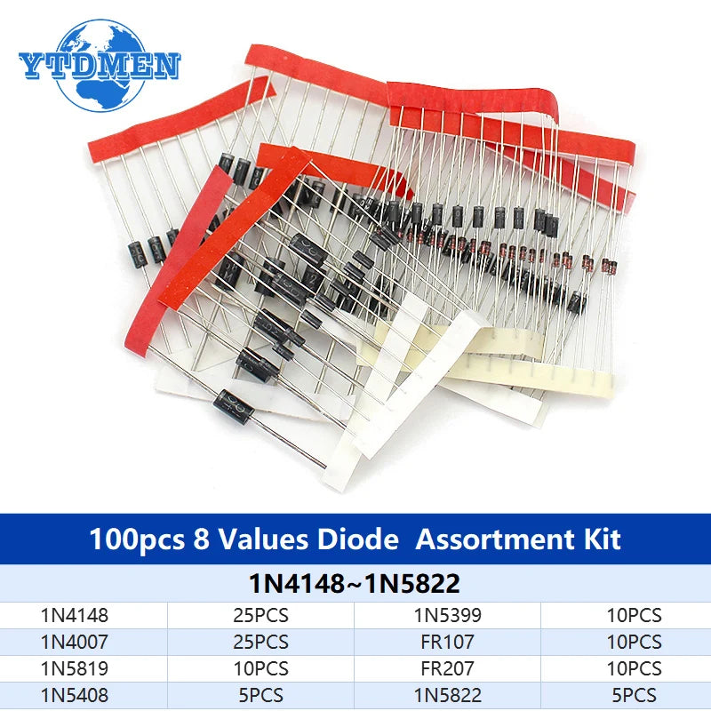 100-200pcs Rectifier Schottky Diode Kit 1N4007 1N4148 1N5408 1N5819 1N5822 1N4001 1N4004 1N5404 FR107 FR207 Fast Switching Diode