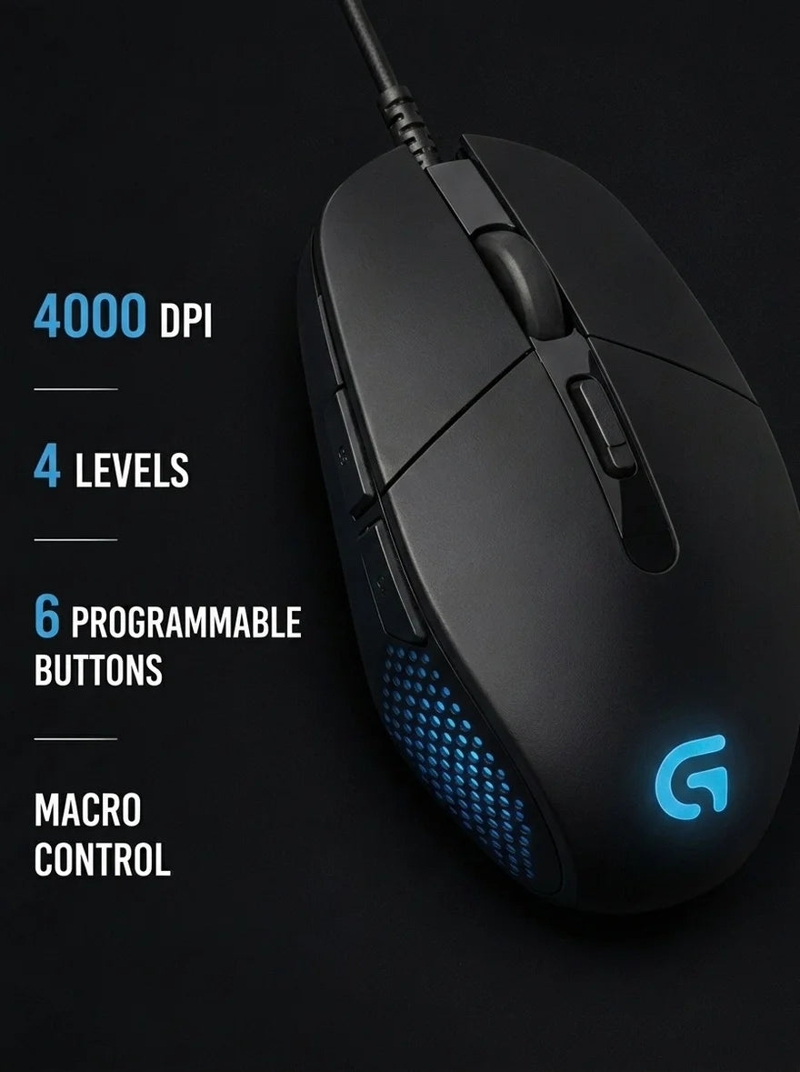 Logitech G302 Wired Ambidextrous Gaming Mouse 4000DPI On‑The‑Fly DPI Switch RGB Backlit 6 Assignable Buttons For Laptop Desktop