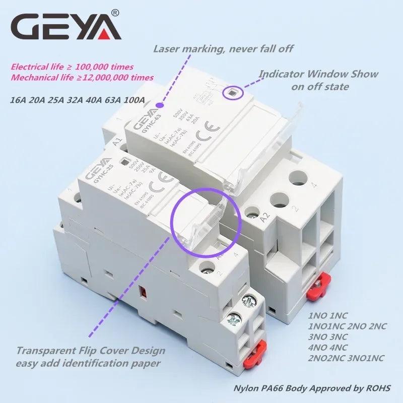 GEYA GYHC Modular Household Contactor AC24V 48V 110V 220V 2P 25A 2NC 2NO 1NO1NC 50/60Hz
