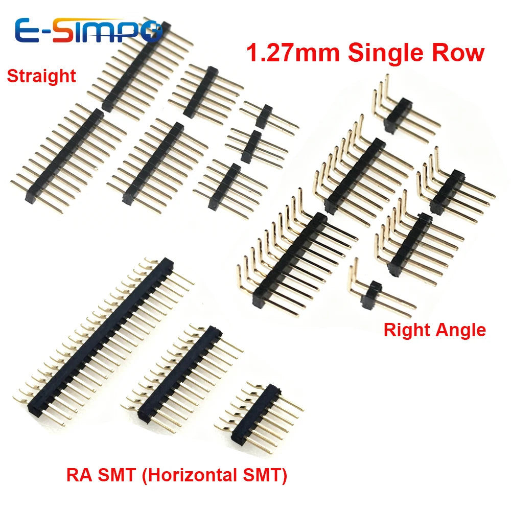 100pcs 1*2/3/4/5/6/40/50P 1.27mm Straight/RA 90d/ Horizontal RASMT Single Row 0.05" Gold-Plated Rohs PCB Male Pin Header