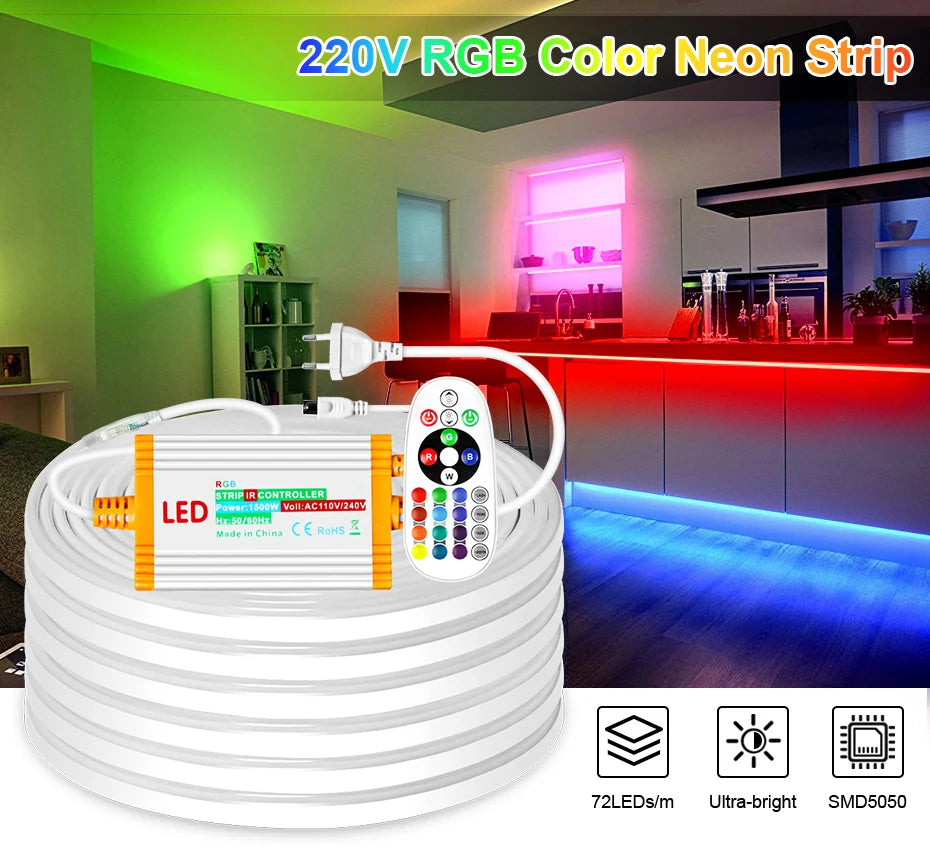 10m 30m 100m 220V LED Neon RGB Strip Light with 1500W EU Power Plug Dimmable Led Ribbon Waterproof For Outdoor Garden Lighting