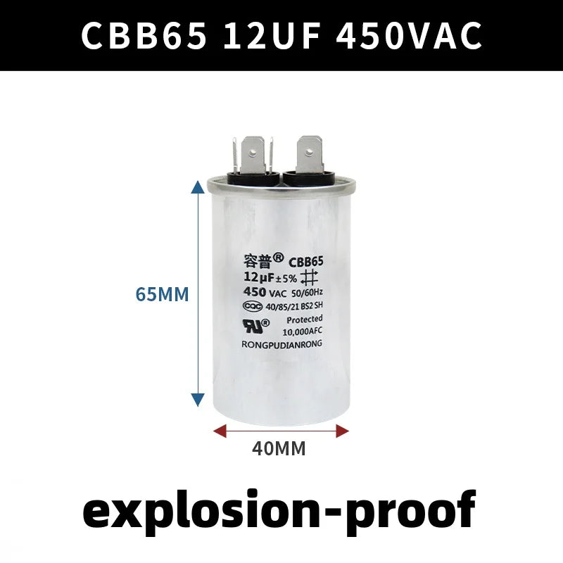 CBB65 450V Motor Capacitor Air Conditioner Compressor Start Capacitor 5uF 6uF 20uF 25uF 30uF 35uF 40uF 45uF 50uF 60uF 70uF