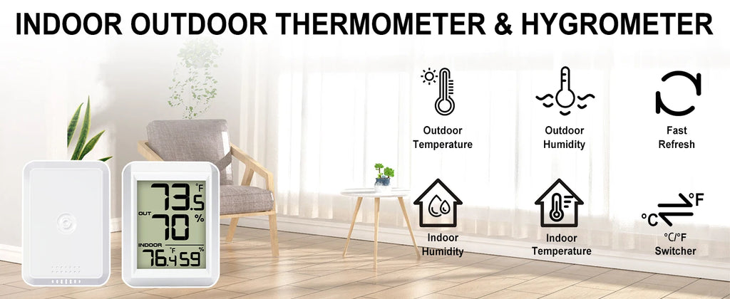 LCD Digital Thermometer Hygrometer Wireless Weather Station Thermo-hygrometer 328ft Remote Sensor  Resolution for Home Garden