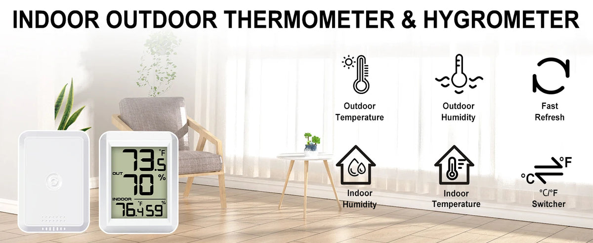 LCD Digital Thermometer Hygrometer Wireless Weather Station Thermo-hygrometer 328ft Remote Sensor  Resolution for Home Garden
