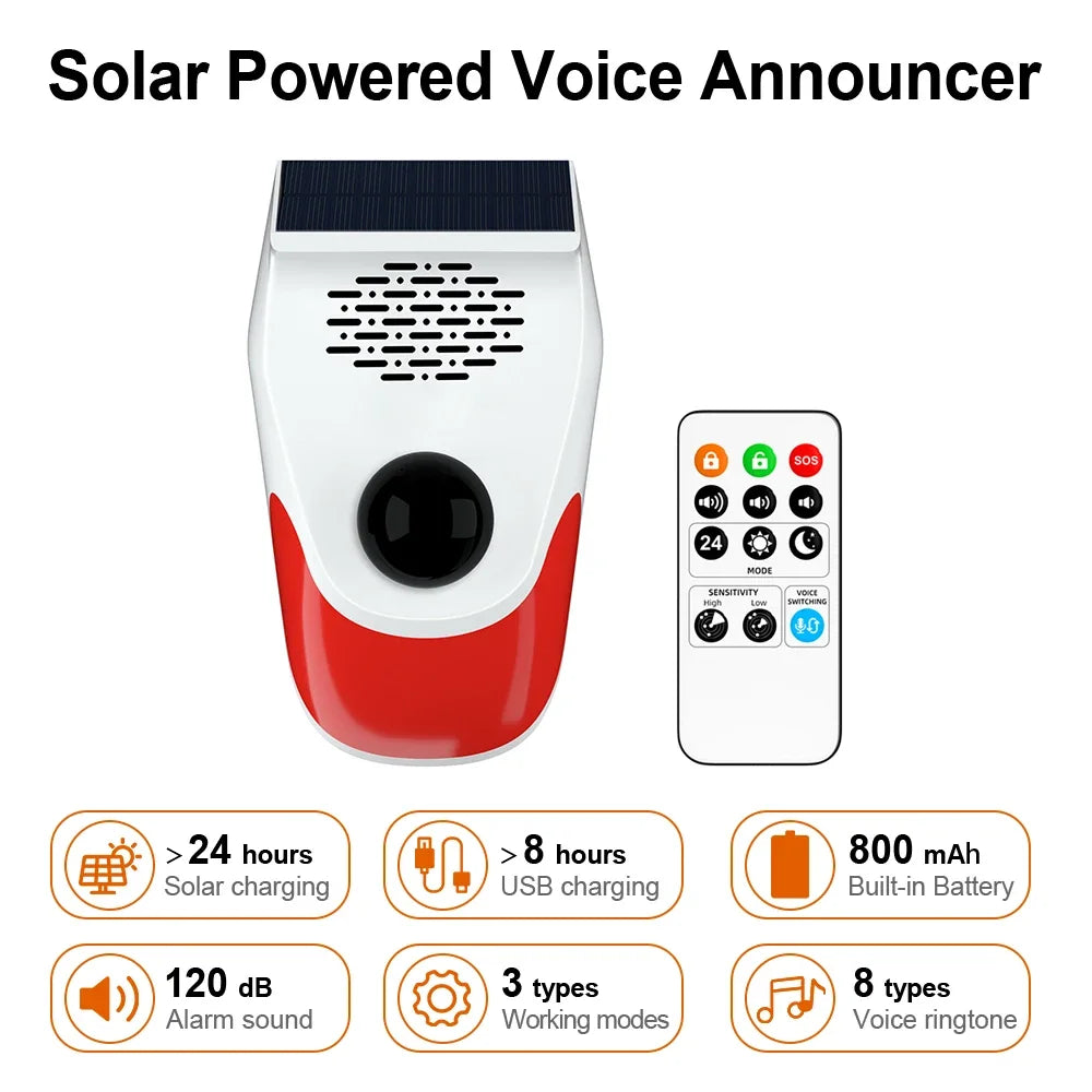 120db Solar Infrared Motion Alarm Sensor Remote Control Siren Strobe Light DIY Voice Announcer Outside Weatherproof PIR Sensor
