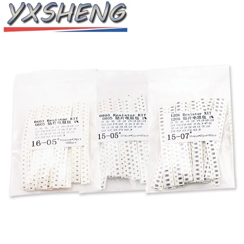 660PCS 0603 0805 1206 1210 SMD Resistor 1% 5% KIT 1R~1MΩ 10K 100K 1R 100R 330R 33Values*20pcs Assorted kit