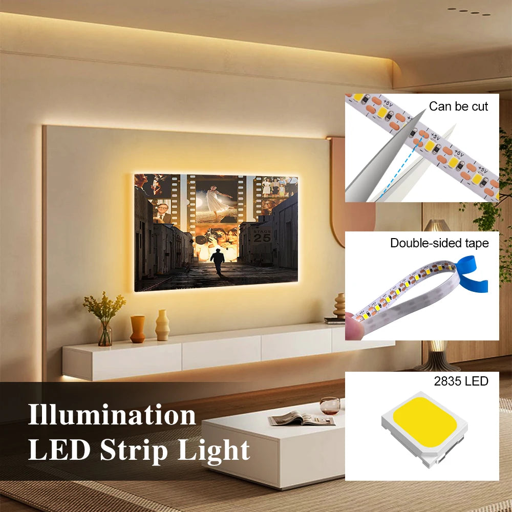 5V 2835 LED Strip Light 3mm 5mm 8mm PCB Width 120Leds/m Flexible LED Tape Ribbon Diode USB/2PIN Wire Led Lights for Room Decor