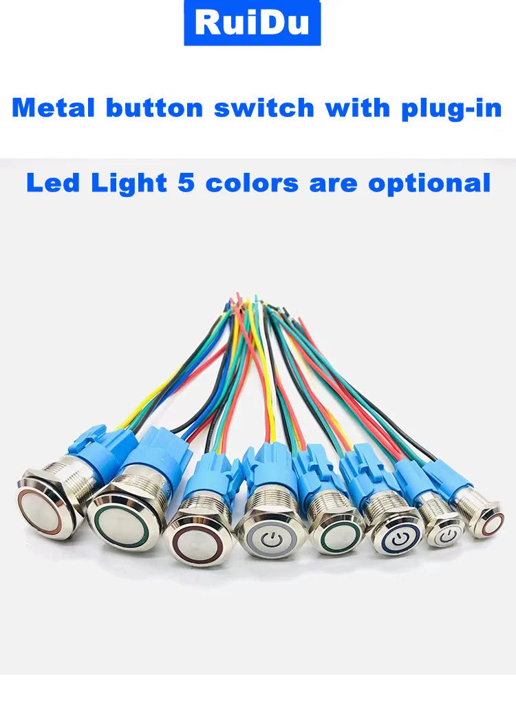 12 16 19 22mm waterproof metal button switch with connector LED lamp instant lock automotive engine power switch 6V 12V 24V 220V