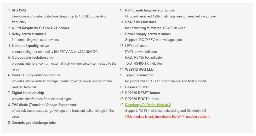 Raspberry Pi Pico 2 RP2350 industrial 6-ch Relay RS485 isolation protection Waveshare RP2350-Relay-6CH WIFI Option