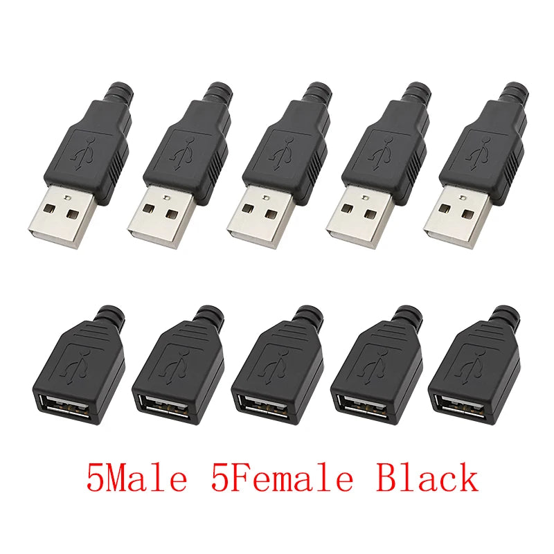 10Pcs USB 2.0 Type A Male Plug/Female Socket 4 Pin Soldering Connector USB Port Charging Data Cable Repair DIY Assembly Adapter