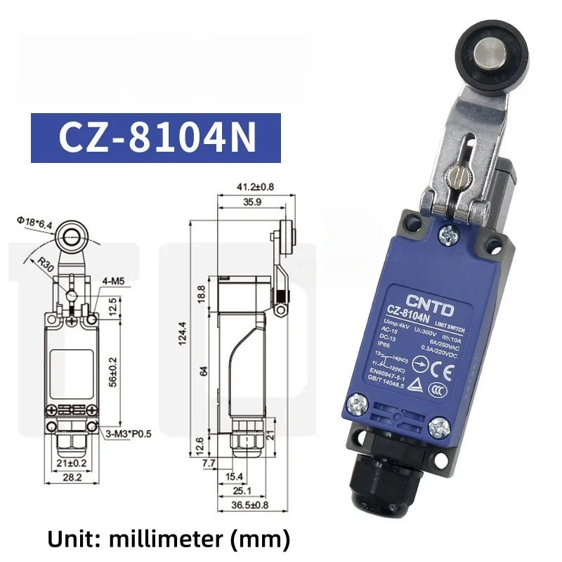 CNTD CZ-8104N Safety Limit Switch IP65 Waterproof 10A 380V 1NO 1NC Plastic Roller Lever Vertical Travel Switch Industrial
