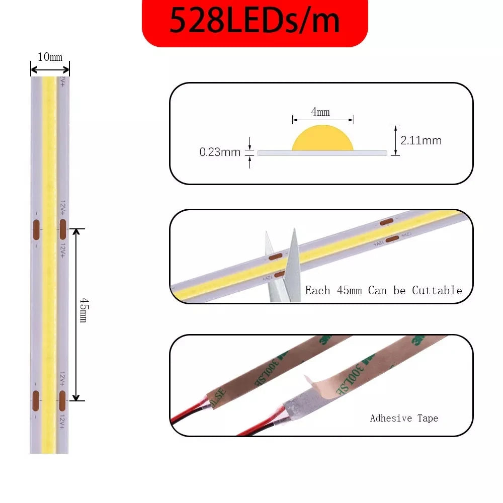 COB LED Strip Light High Density Linear Lighting 480/528Leds/m Flexible Tape Red Blue Green Warm Natural White Decor DC12 24V