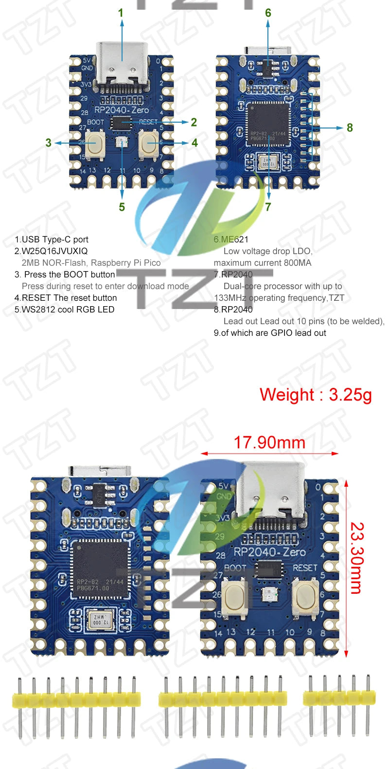 RP2040-Zero RP2040 For Raspberry Pi Microcontroller PICO Development Board Module Dual-core Cortex M0+ Processor 2MB Flash