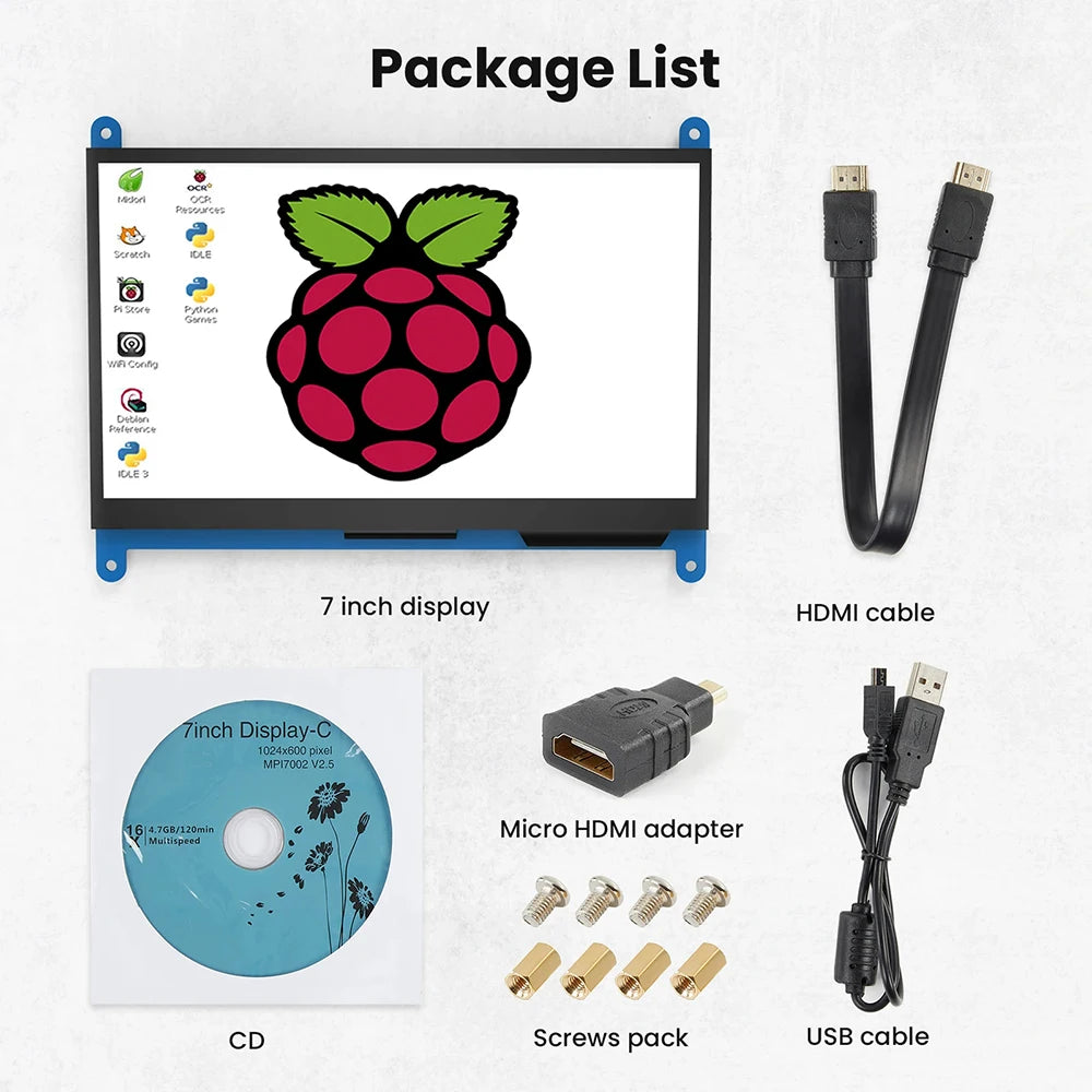 Eyoyo 7-inch Capacitive Touchscreen Monitor 5-points 1024x600 HD IPS Display Support Raspberry Pi 4/3/2/1/B/B+/A+ For Win 10/8/7