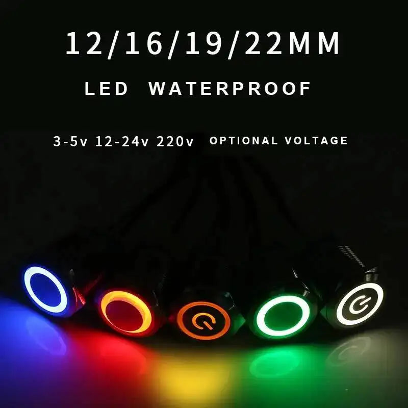 5pcs 12/16/19/22mm Metal Push Button Switch Power Waterproof IP65 Flat Circular Round LED Light Self-lock Reset 6V 12V 24V 220V