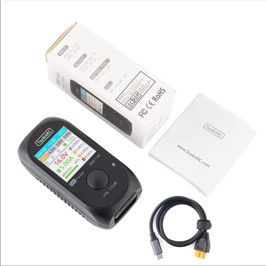 ToolkitRC M4 Pocket Balance Charger DC 80W 5A XT30 XT60 Input USB-C Input/Output Charger for 1-4S LiPo Battery