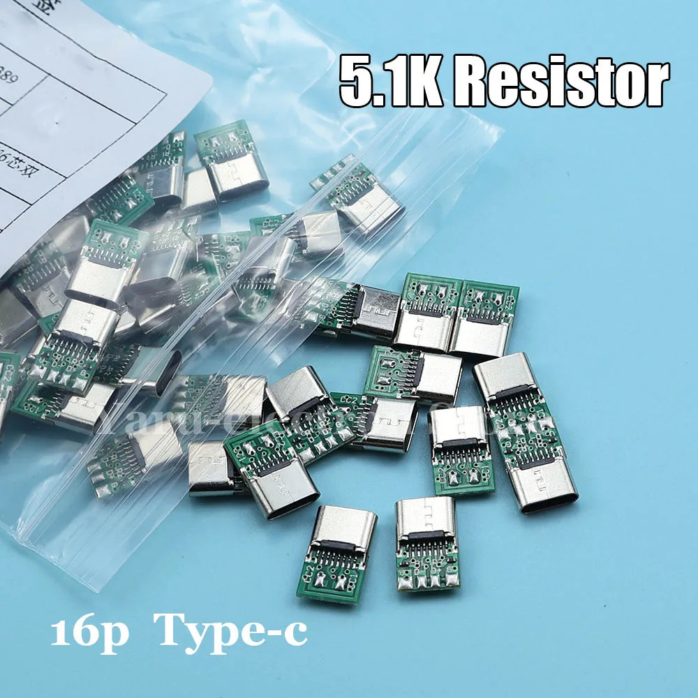 With Dual 5.1K Resistors 16pin USB Electric Terminals Welding DIY Data Cable Support PCB Board USB Type C Female Connectors Jack