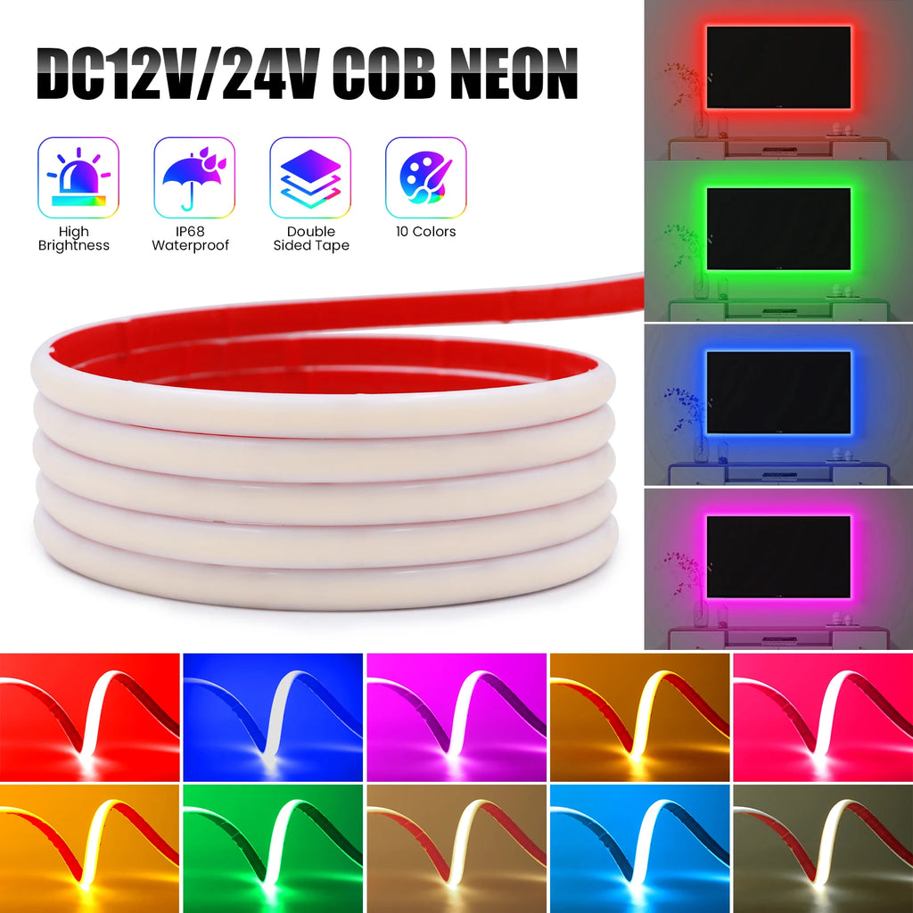 COB LED Strip 12V 24V IP68 Waterproof High Density 320LEDs/m Flexible COB LED Tape Neon Light White Red Green Blue Pink Yellow