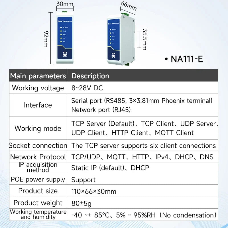 RS485 to Ethernet Serial Server CDSENT NA111 Series DC/AC/POE Modbus Industrial Grade AT Command TCP/UDP MQTT Small Size