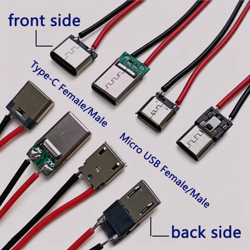 2/5/10/20pcs 2Pin Type‑C/Micro USB Male Female Connector With 6cm Pre‑soldered Wires 5V Charging Jack for DIY Projects Repair