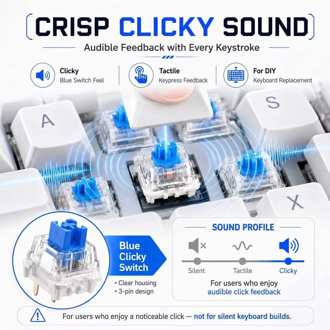Three Pin Tactile Keyboard Switch Sturdy Plastic Key Clicker Key Replacement Parts for Mechanical Keyboard Servicing Accessories