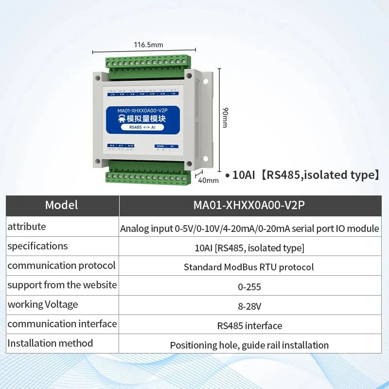 ModBus RTU Serial IO 1/2/4/6/8/10/12-Channel Analog Input Module RS485 CDSENET MA01-XHXX Rail Installation 8~28VDC Watchdog