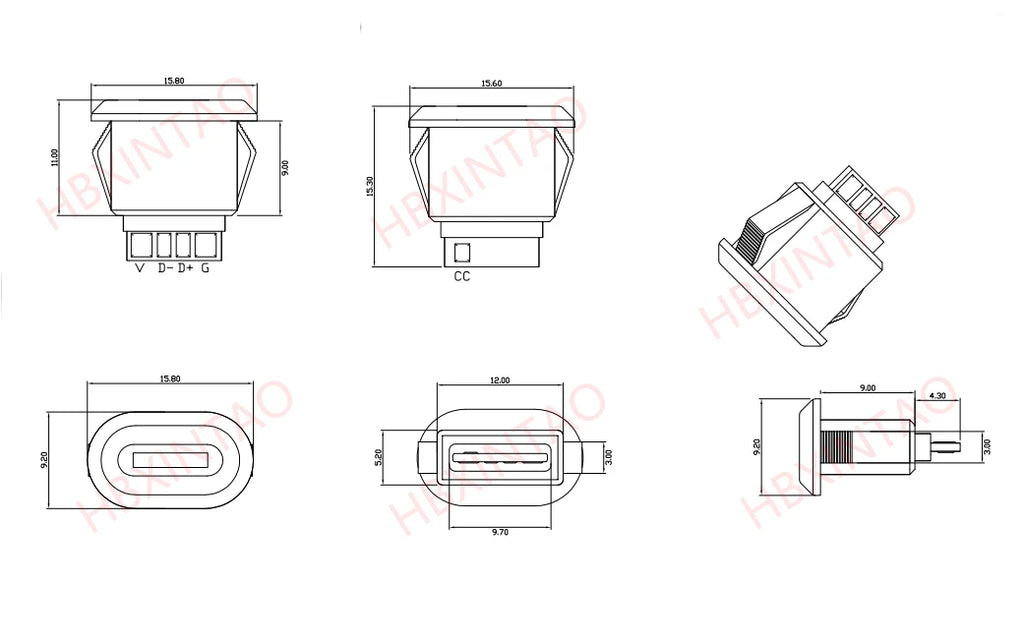 5pc 5/6Pin USB-C Type Waterproof USB 5A Connector Direct Compression Female Base Socket Charging Interface Tail Plug Interface