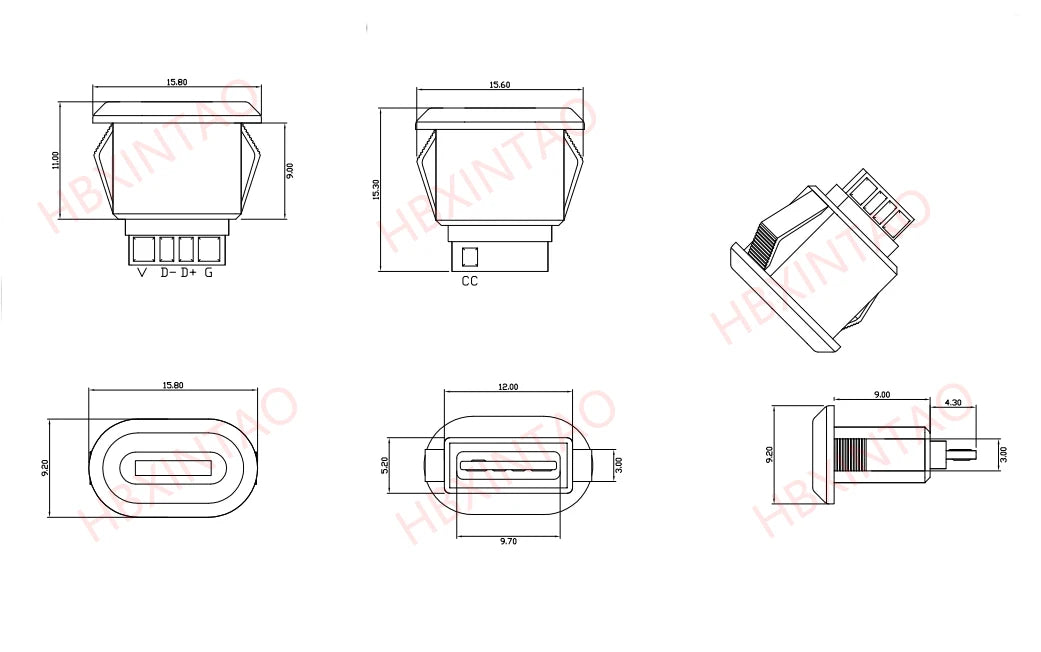 5pc 5/6Pin USB-C Type Waterproof USB 5A Connector Direct Compression Female Base Socket Charging Interface Tail Plug Interface