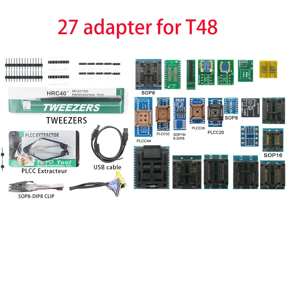 XGecu T48 (TL866-3G) Programmer + 27 Adapters + ISP Cable Support 34000+ ICs for SPI/Nor/NAND Flash/EMMC BGA/TSOP/SOP/PLCC
