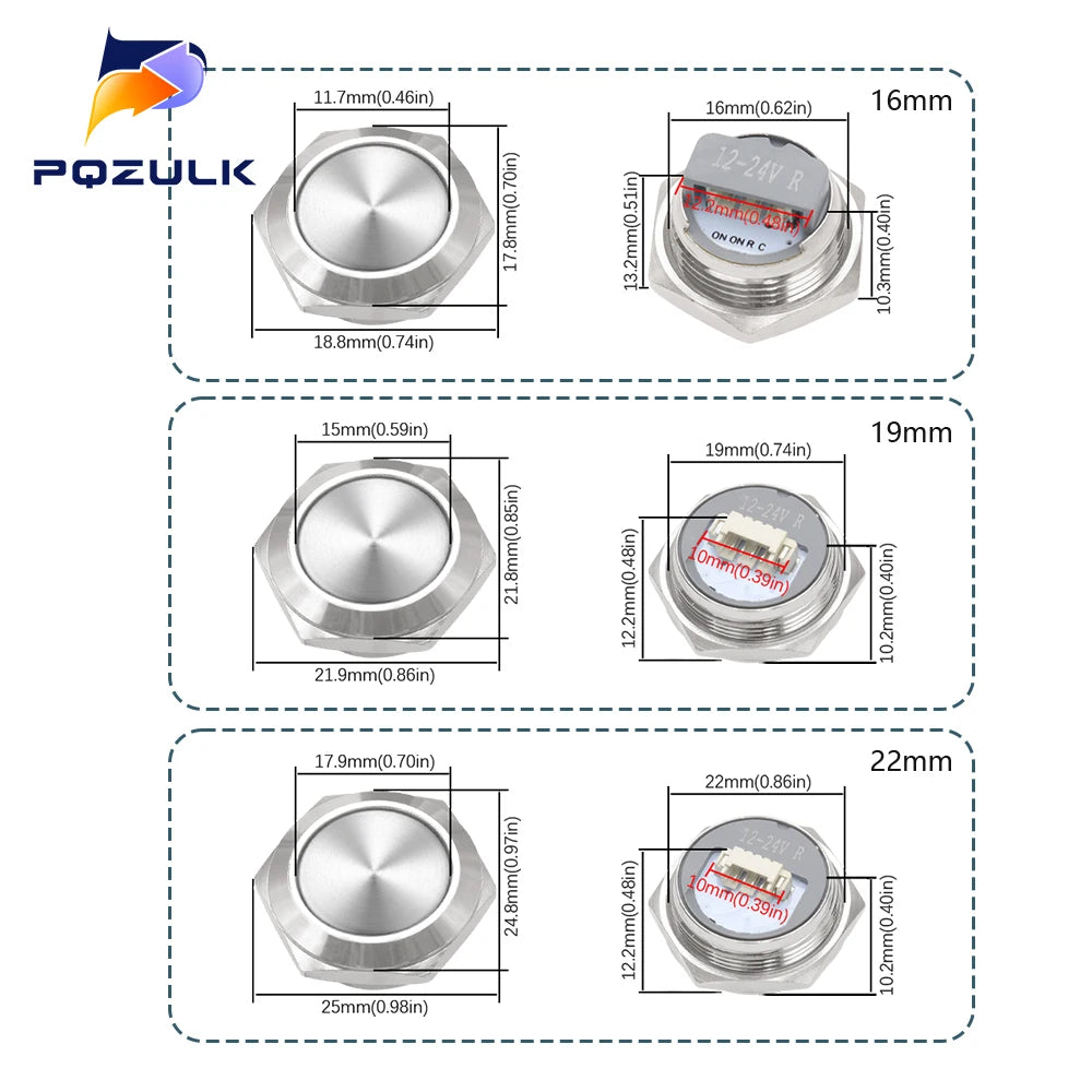 Ultra Short Push Button Switch Waterproof 16/19/22mm 12V 24V led light Momentary Self-reset Wiring Buttons without fixation