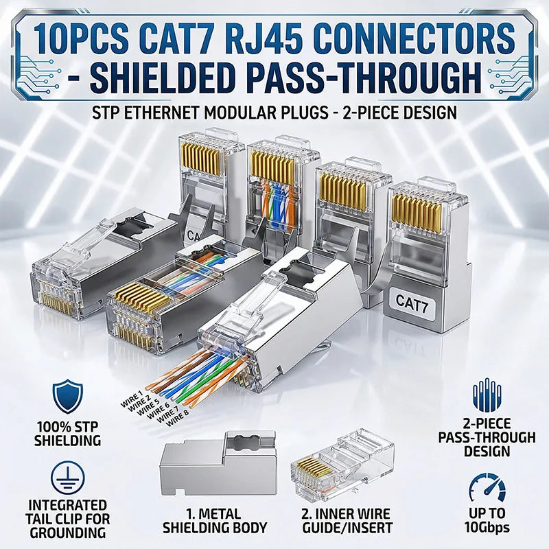 10PCS RJ45 Cat7 Shielded Plug, Two-Piece Pass Through Connector with Metal Shell and Gold-Plated Contacts for 10Gbps Ethernet