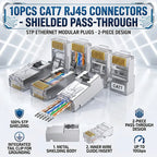 10PCS RJ45 Cat7 Shielded Plug, Two-Piece Pass Through Connector with Metal Shell and Gold-Plated Contacts for 10Gbps Ethernet