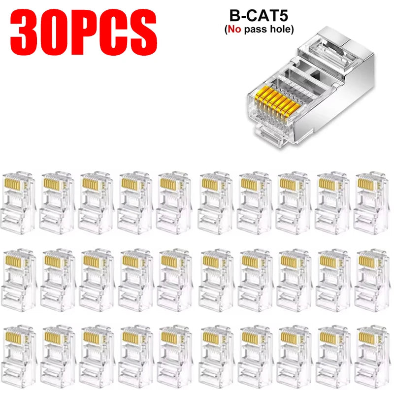 RJ45 CAT5 Pass Through Connectors Crystal End Gold-Plated to Crimp Modular Plug for Solid Or Stranded UTP Network Cable Sleeve