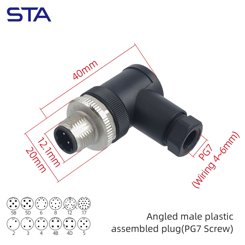 M12 Screw Termination Plastic Field Plug NMEA2000 5 Pin Straight Angled IP67 Waterproof 3 4 6 8 Poles Sensor Connectors PG7 PG9