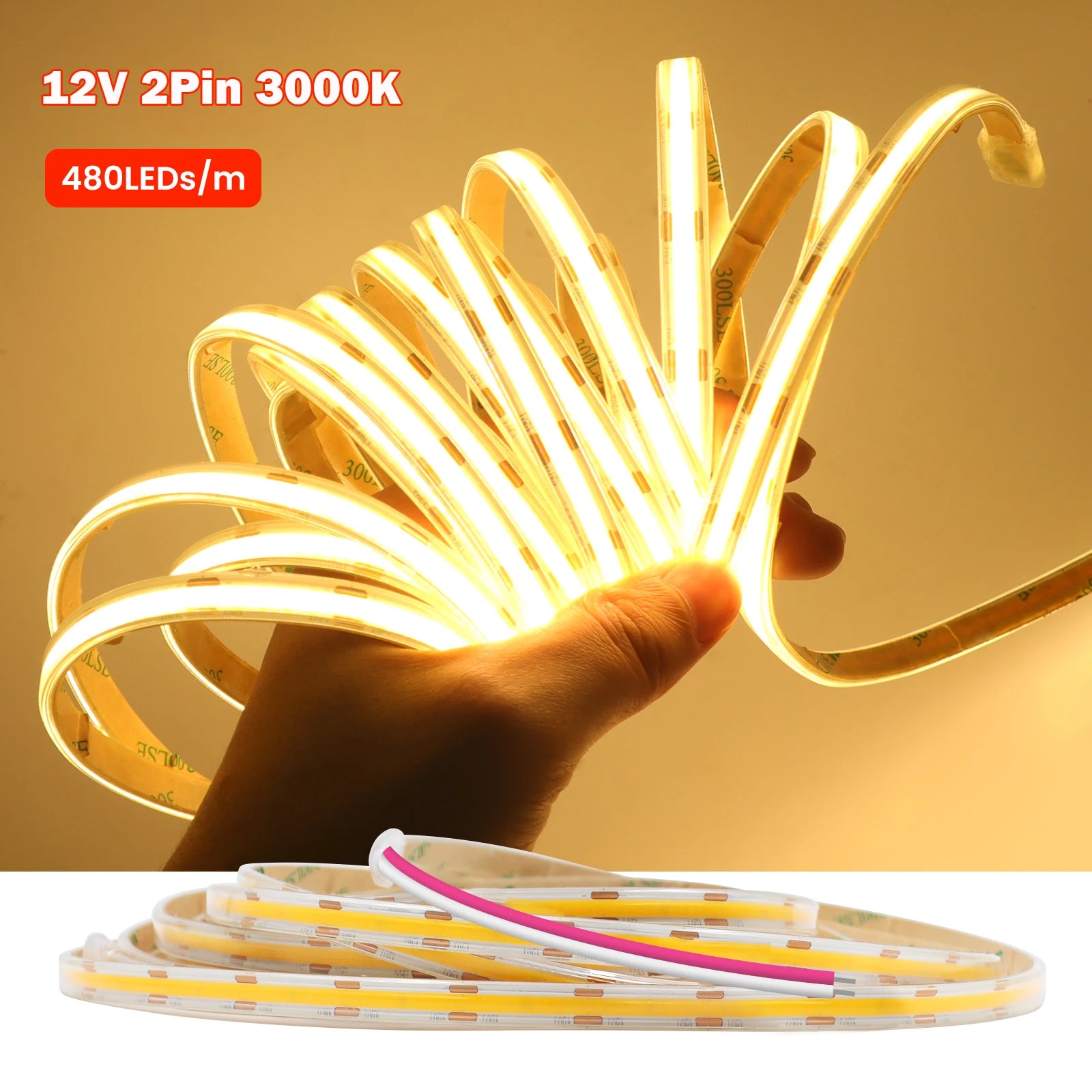 IP67 Waterproof 12/24V COB LED Strip Light 480LED/m Dimmable RA90 LED Lights High Density Flexible Ribbon Tape 3000K 4000K 6000K