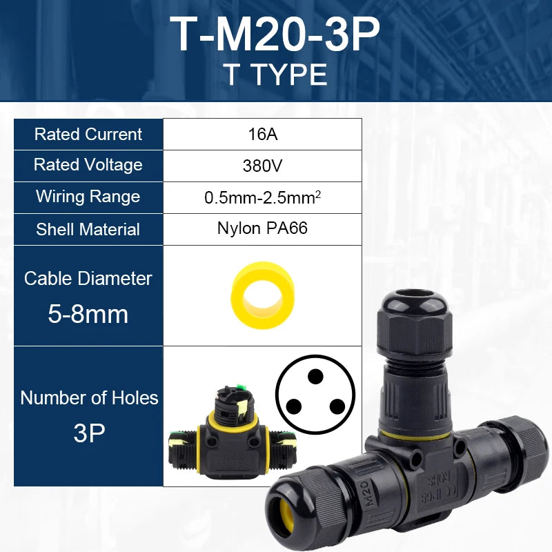 IP68 M20T Quick Outdoor Waterproof T Shape Connector 2/3 Pin Screw Electric Wire Terminal Adapter Home For LED Lighting 16A/380V