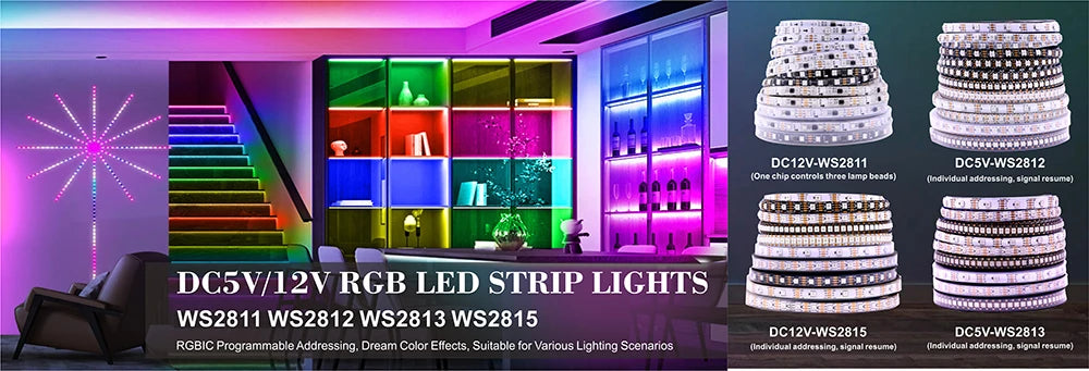 WS2811 Magic Color RGB LED Strip SMD5050, DC12V. Addressable, 30/48/60/84/96 LEDs. External: 1 Control IC Controls 3 Lighting LE