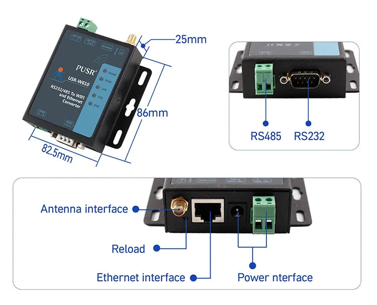 RS485 RS232 Serial to WiFi Device Server Modbus RTU to TCP Ethernet Converter Support Wireless Modbus Gateway Port PUSR USR-W610
