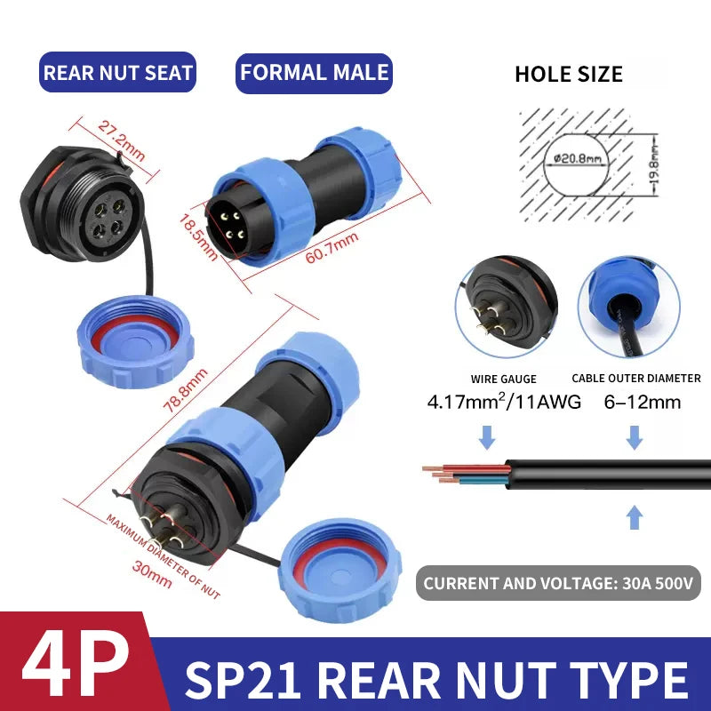 T&I IP68 waterproof aviation plug socket circular rear nut connector 2 3 4 5 7 9 12 pin SP21 butt connector