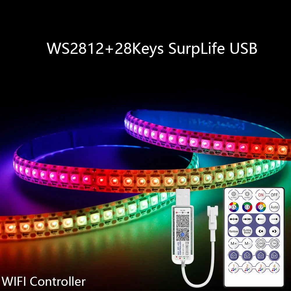 WS2812B LED Strip Bluetooth Wifi Music Controller Kit Individually Addressable Smart RGB LED Tape 30/60/74/96/144Leds/m USB DC5V