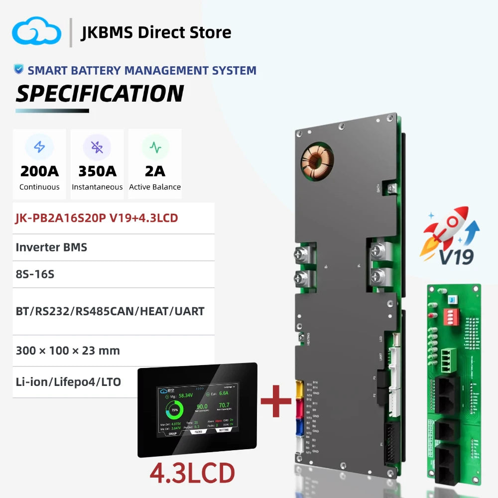 JIKONG PB2A16S20P Smart BMS 200A with 2A Active Balancer 8S 10S 12S 14S 16S 24V 48V LiFePo4 Li-Ion LTO Inverter Battery JK