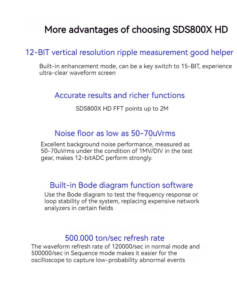 Siglent High-Definition Oscilloscope SDS800X HD Series (SDS802/804/812/814/822/824X HD), 12 Bit Resolution, 2/4 Channels