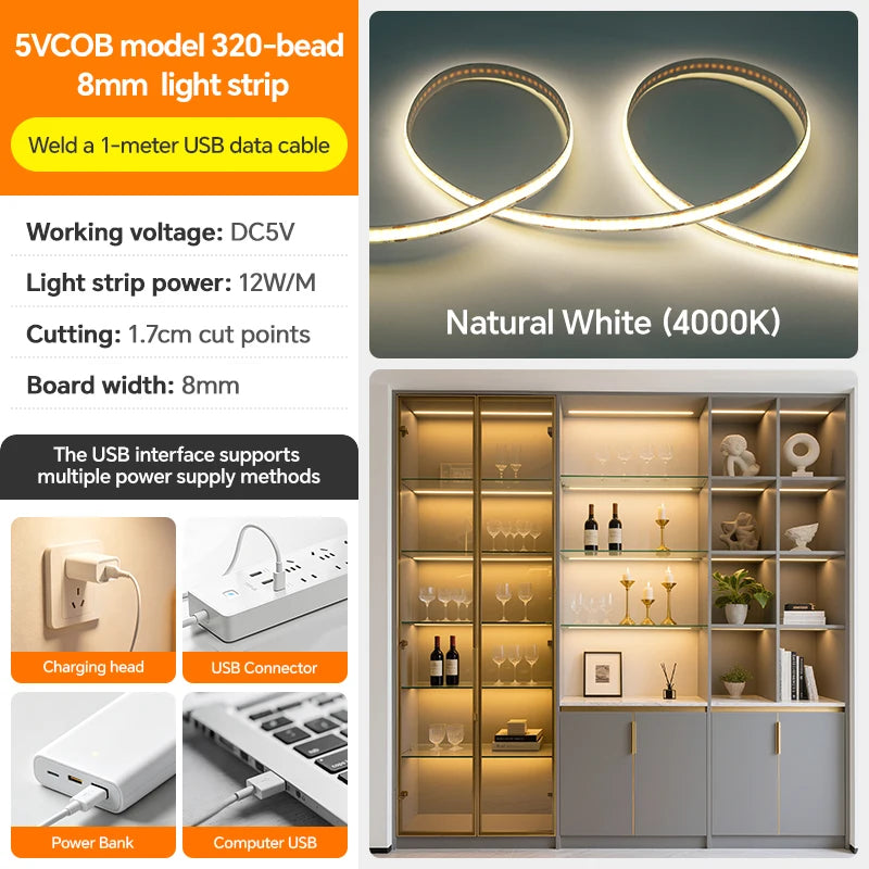DC5V USB COB LED Strip Light 320LED/m High Density Flexible Self‑Adhesive LED Tape 3000K‑6500K For Cabinet TV Backdrop Decor
