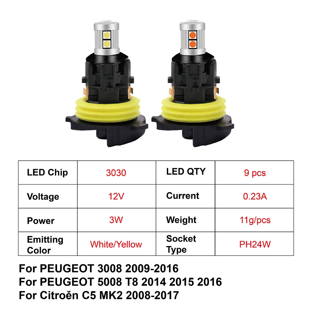 Lamp for Peugeot 3008 5008 2Pcs/Set 3030 9SMD White/Amber PH24W Canbus DRL for Citroen C5 MK2 Car LED Daytime Running Light