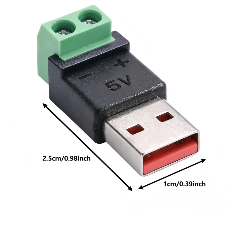 USB 2.0 Type A Male to 2 Pin Terminal Block Solderless Quick Connect Green Terminal for Charging Cable Power Bank DIY Connector