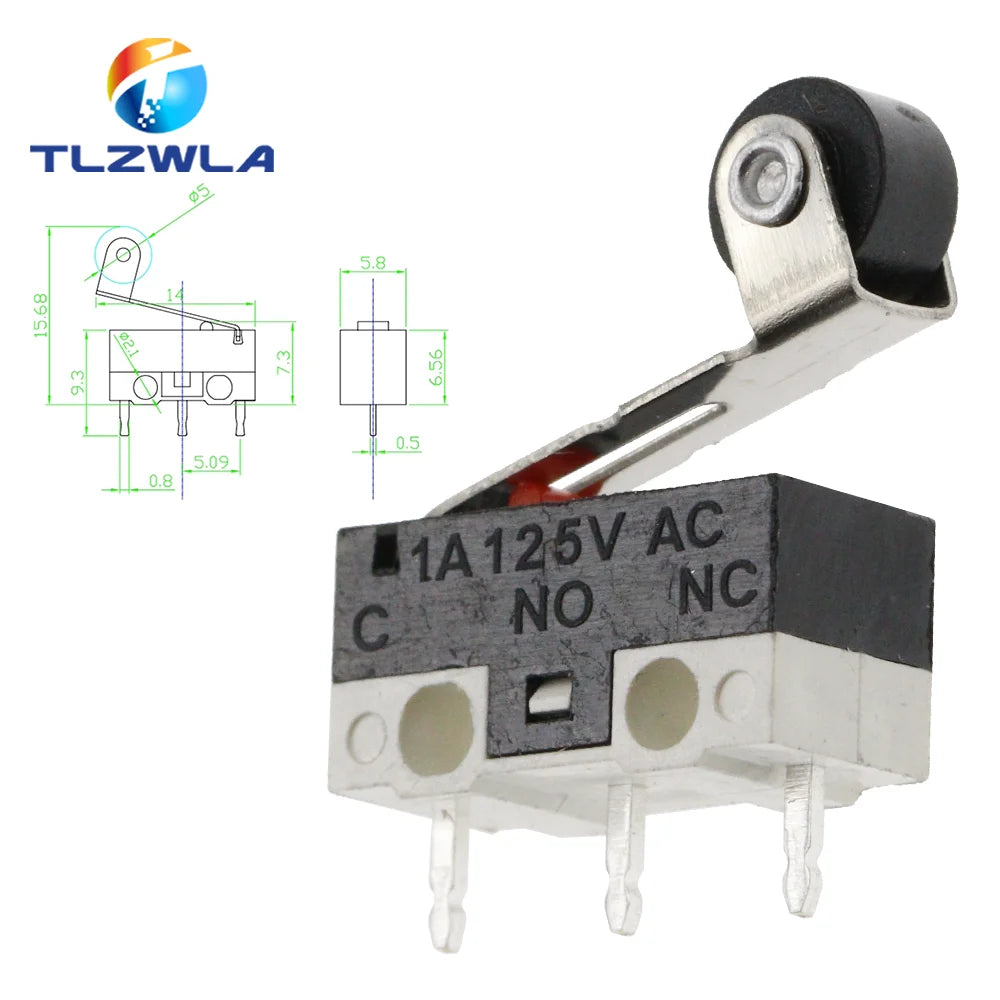 10PCS Micro Limit Switch Momentary Push Button Switch 1A 125V AC Mouse Switch 3Pins Long Handle Roller Lever Arm SPDT 12X6X6MM
