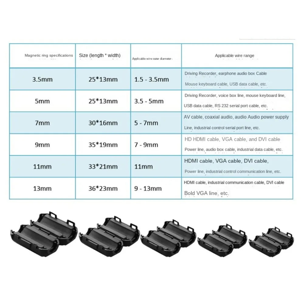 Snap Type Ring Core Ferrite Bead Clamp Black Anti-interference Filter Clip Snap Cable Connector 3.5/5/7/9/13mm Cable Connector