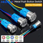 ABILKEEN 12/16/19/22MM LED Ring Illuminate Metal Push Button Switch 1NO1NC Momentary/Latching Power Control Push Button Switch