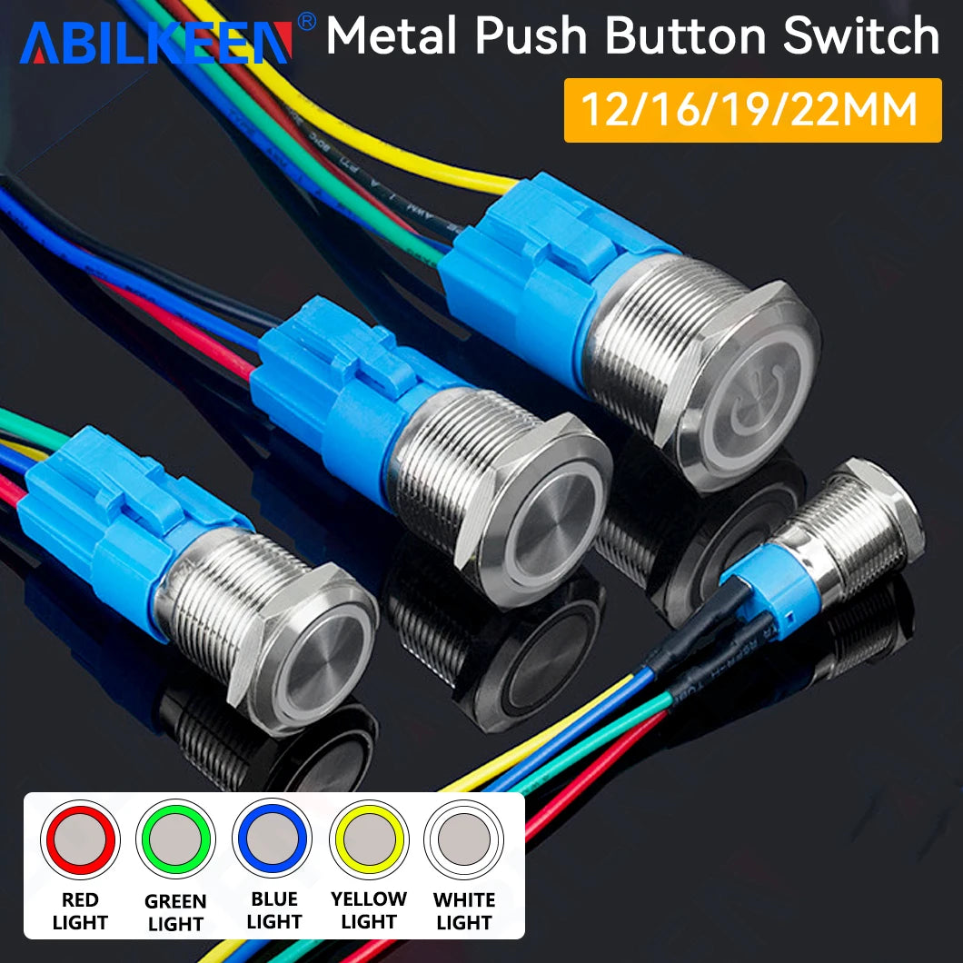 ABILKEEN 12/16/19/22MM LED Ring Illuminate Metal Push Button Switch 1NO1NC Momentary/Latching Power Control Push Button Switch